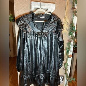 Gee Gee Black Long Sleeve Faux Leather Dress Ruffled Hem Women’s Size 2XL